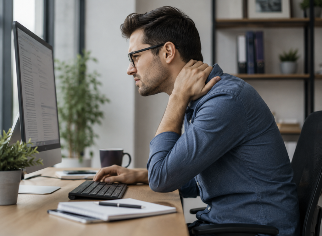Man hunched at his desk rubbing a stiff neck while working at a computer.